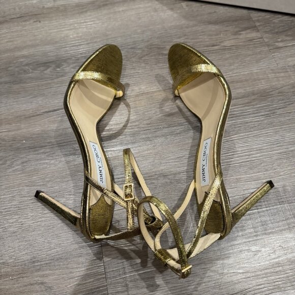 Jimmy Choo Minny 85 mm Gold Metallic Lizard Print Leather Heels Sandals - Picture 8 of 13